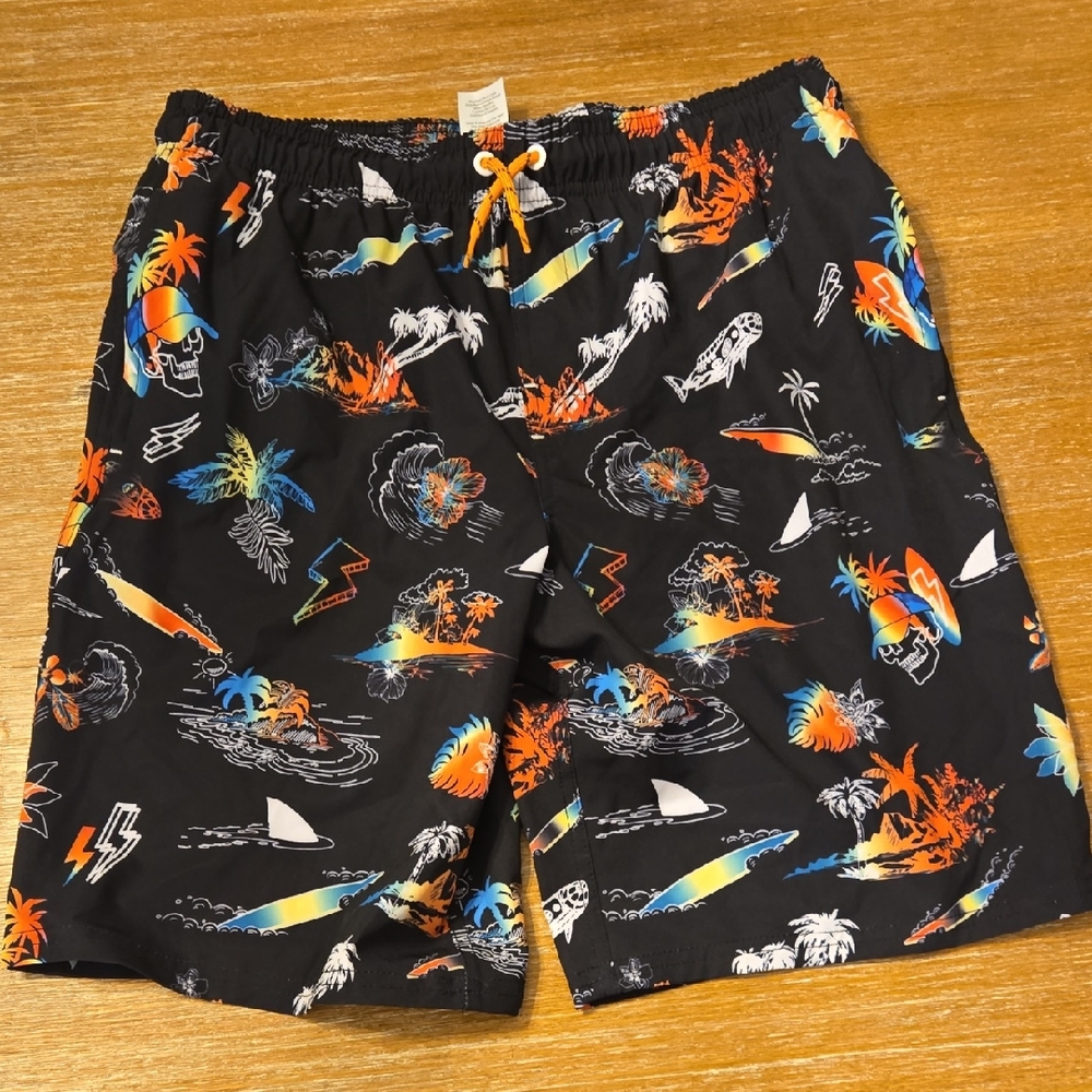 Wonder Nation Black Swim Trunks with Colorful Tropical Print
